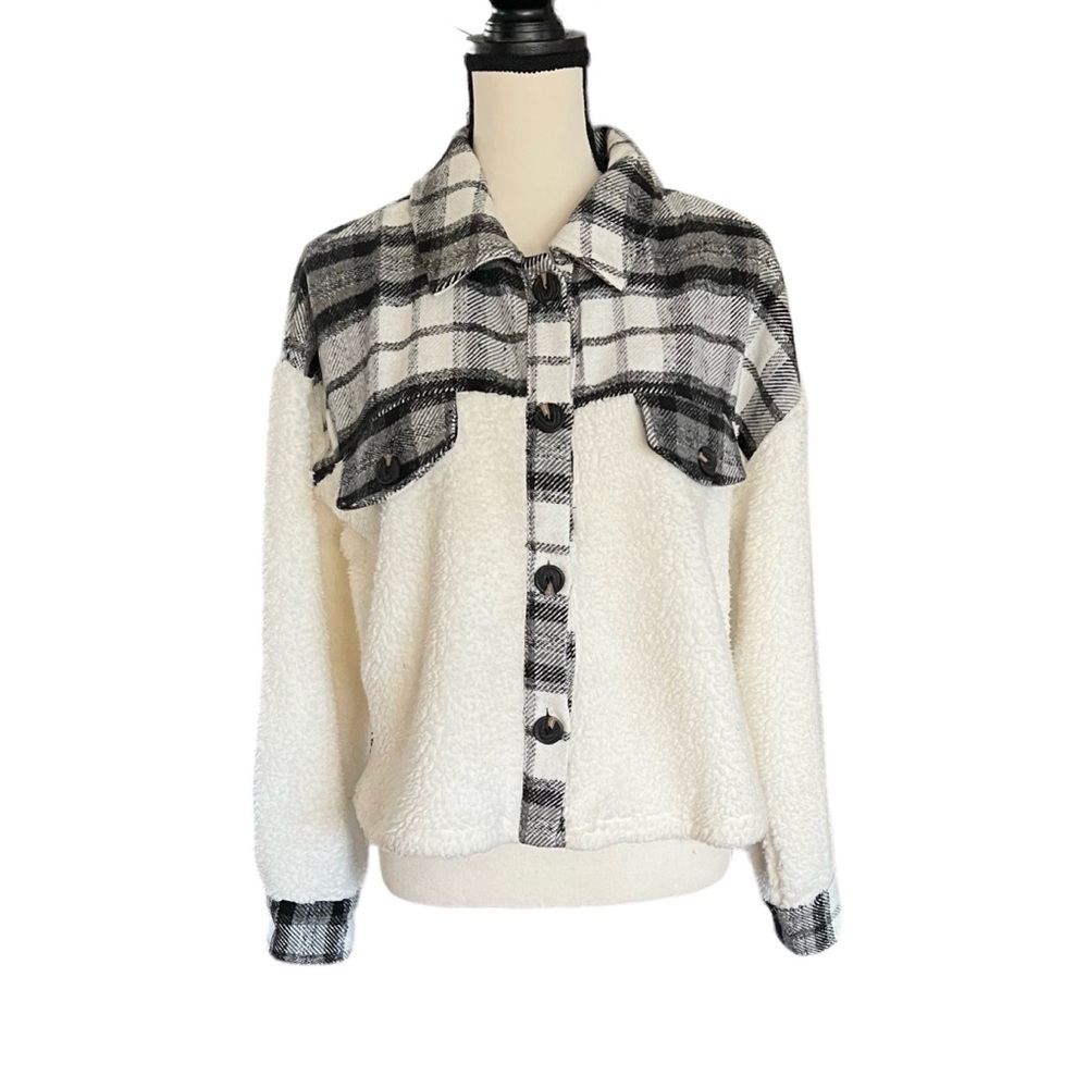 Sherpa Button Up Plaid Trim Button Waist Length S… - image 1